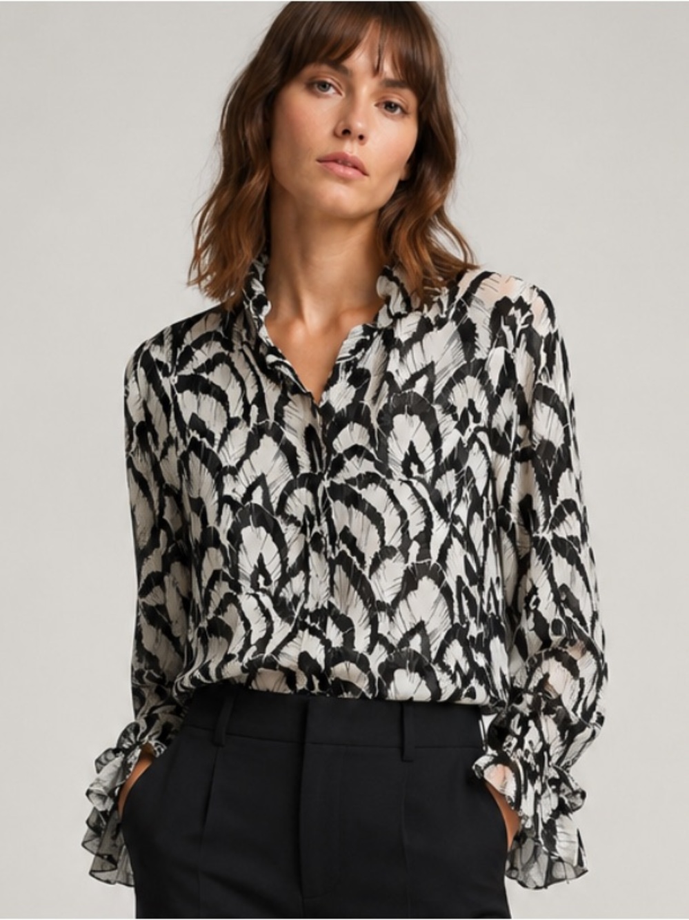 The Kooples Abstract Print Semi-Sheer Ruffle Blouse With Velvet Neck Trim Detail